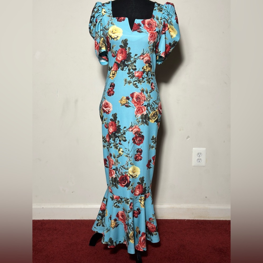 Puff Sleeve Floral Print Ruffle Hem Mermaid Dress